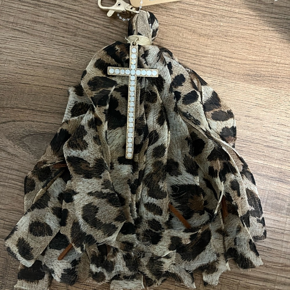 Bora New York Rhinestone Cross Cheetah Keychain